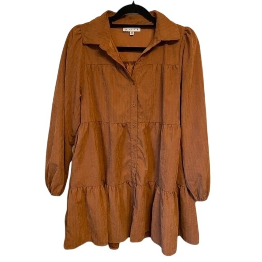 Hyfve Rust Brown‎ Tiered Button Down Mini Dress Long Balloon Sleeve XS